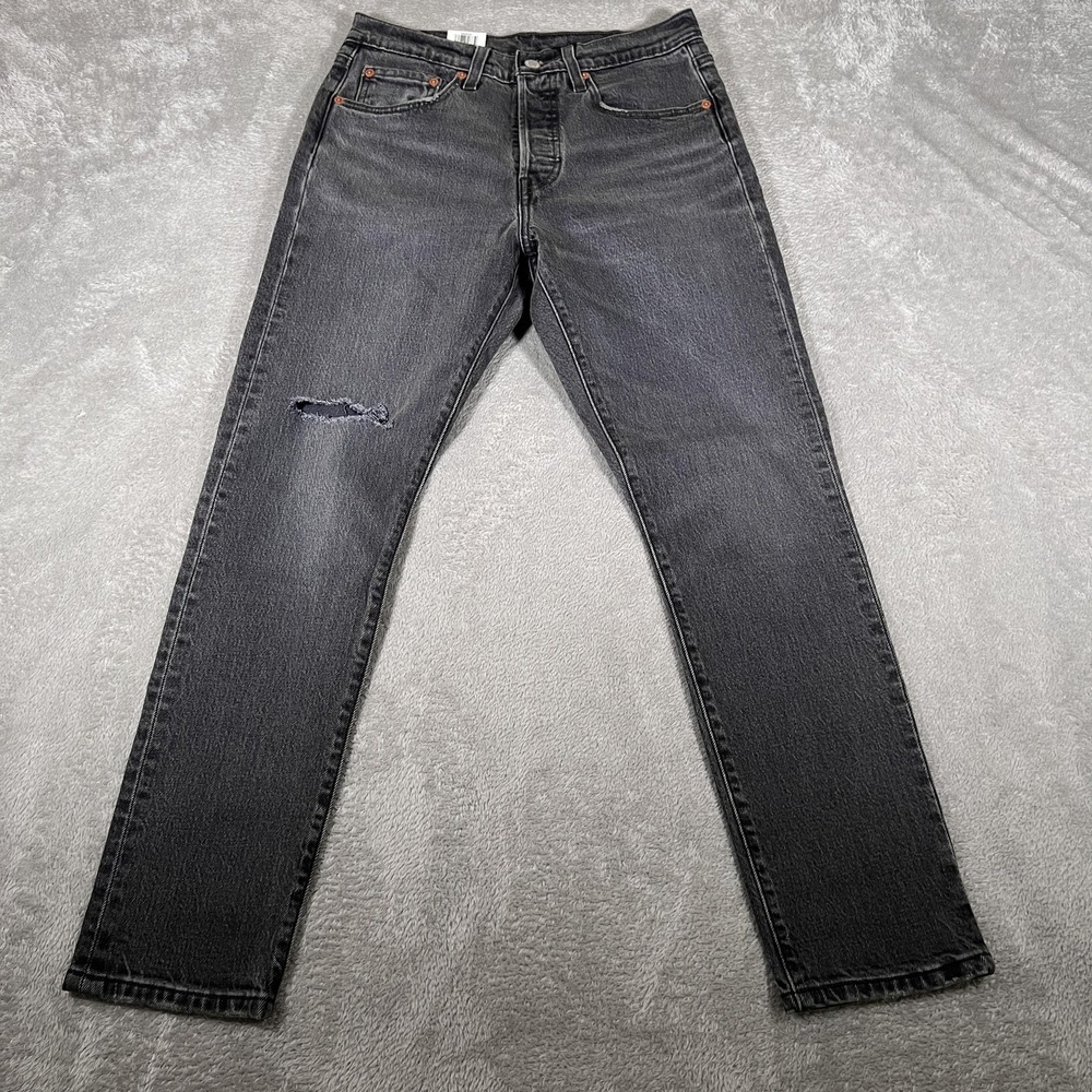 Levis Premium Jeans Womens 27x28 Black Gray 501 Skinny High Rise Distressed NWT‎